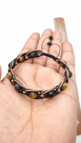 Matte Tiger Eye and Lava Stone Leather Bracelet Adjustable