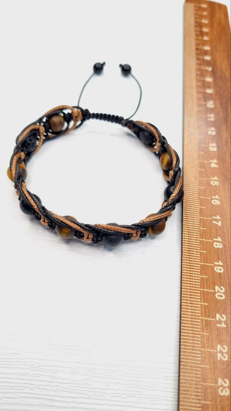 Close-up Matte Tiger Eye and Lava Stone Bracelet with Leather